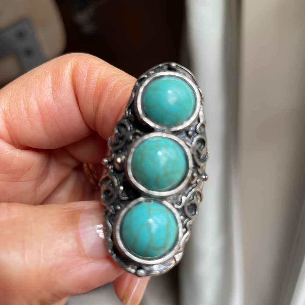 Turquoise Silver Tone Statement Ring - image 3